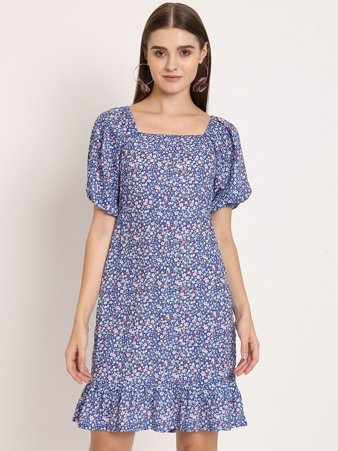 

Moomaya Floral Printed Square Neck Georgette Drop-Waist Dress, Blue