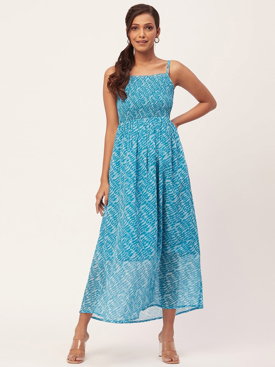 

Moomaya Abstract Printed Smocked Georgette Fit & Flare Maxi Dress, Turquoise blue