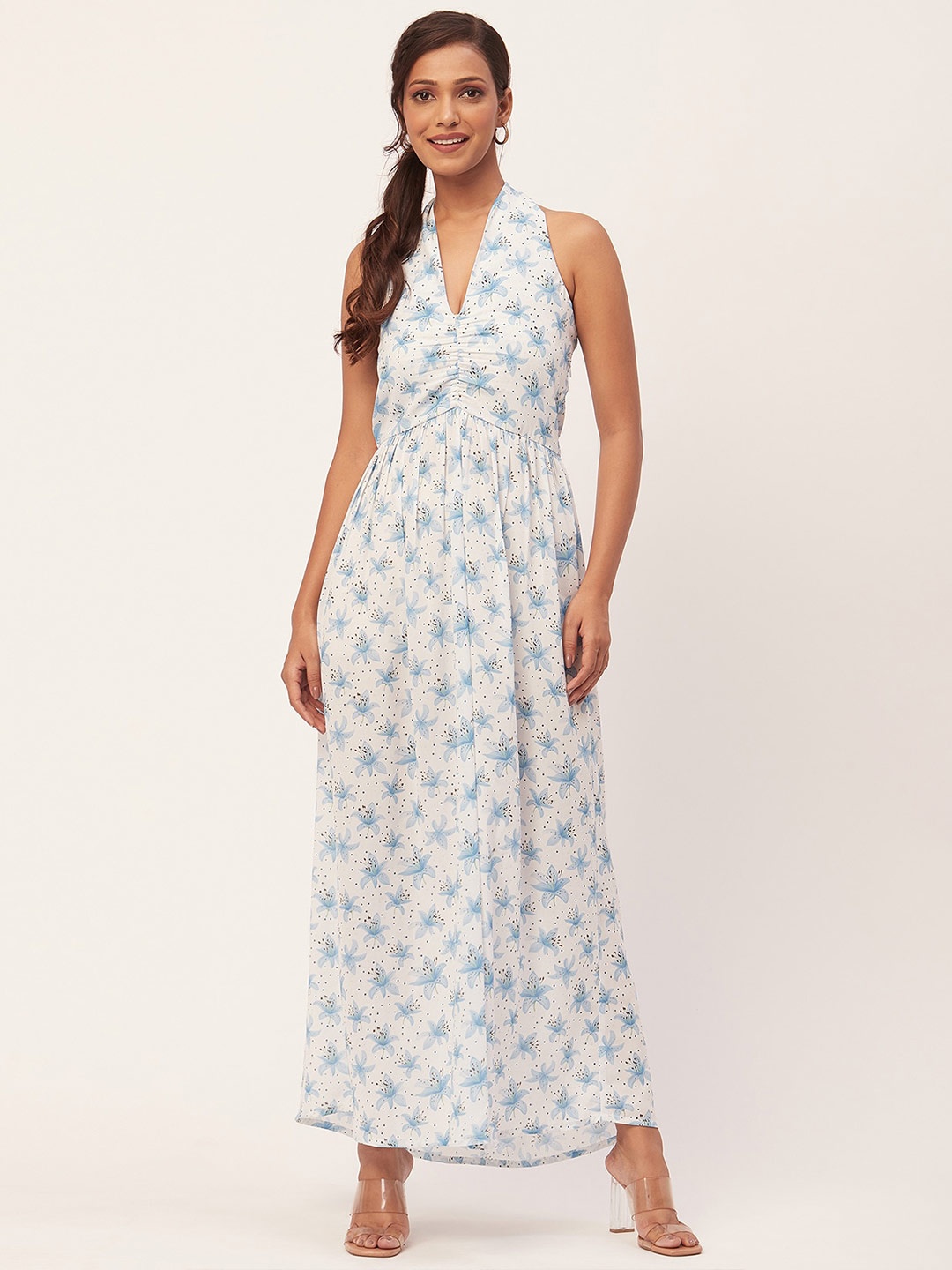 

Moomaya Floral Printed Halter Neck Gathered Maxi A-Line Dress, White