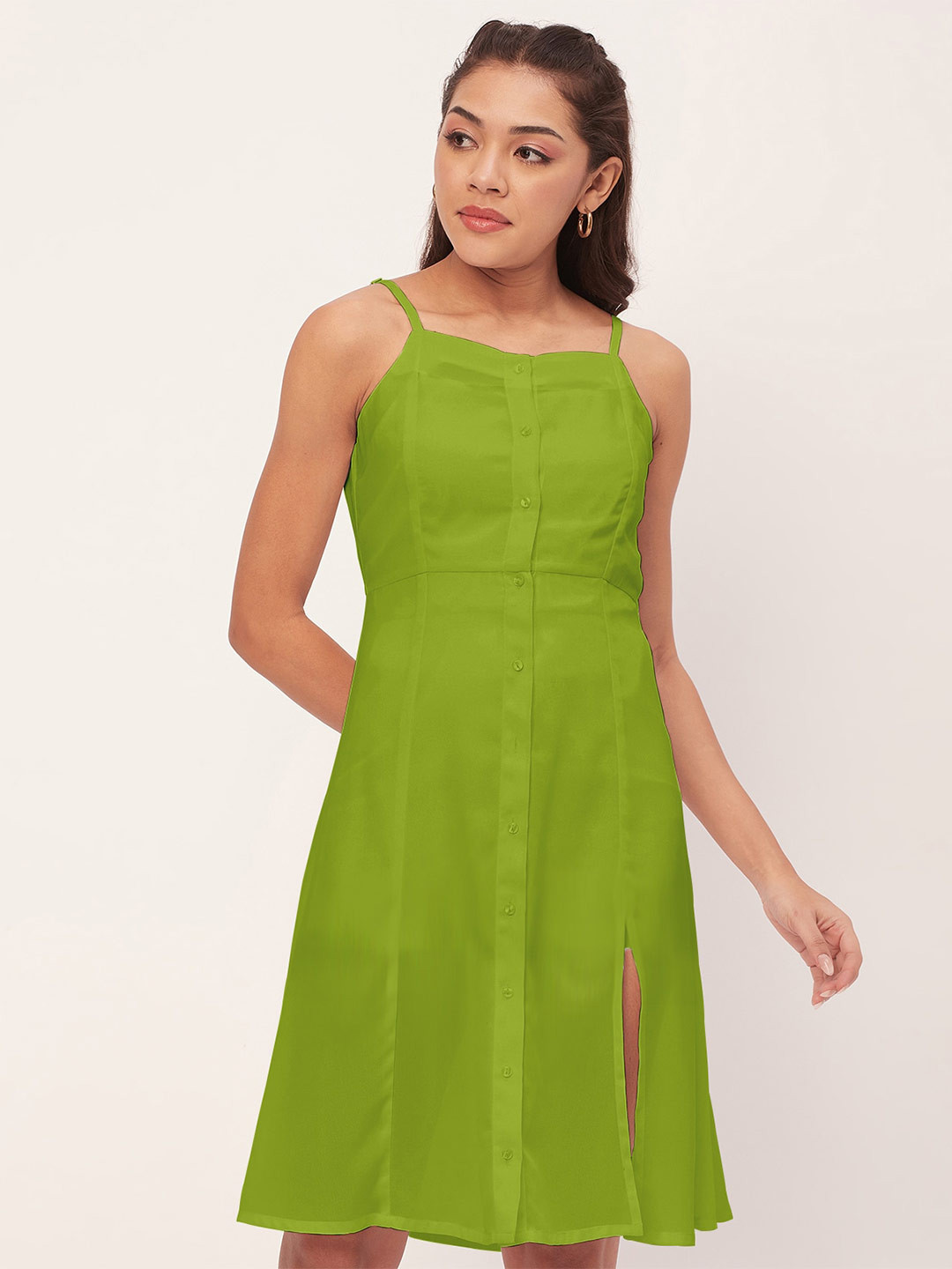

Moomaya Shoulder Straps Slit Detail A-Line Dress, Green