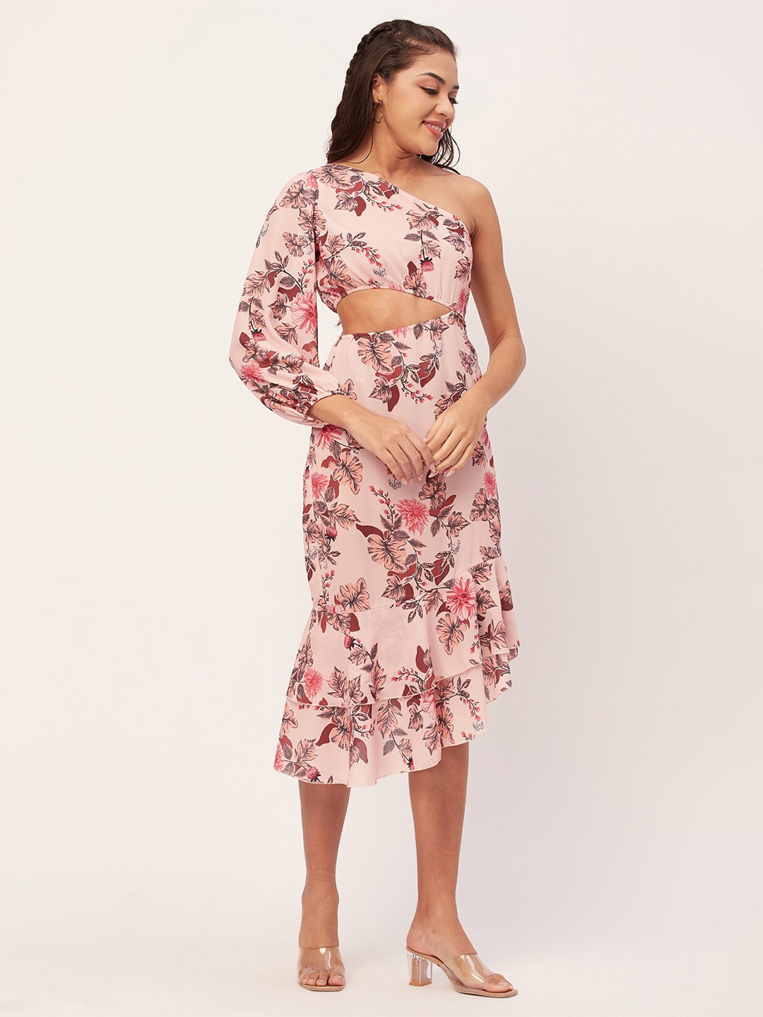 

Moomaya Floral Printed One Shoulder Puff Sleeves High-Low Midi A-Line Dress, Peach