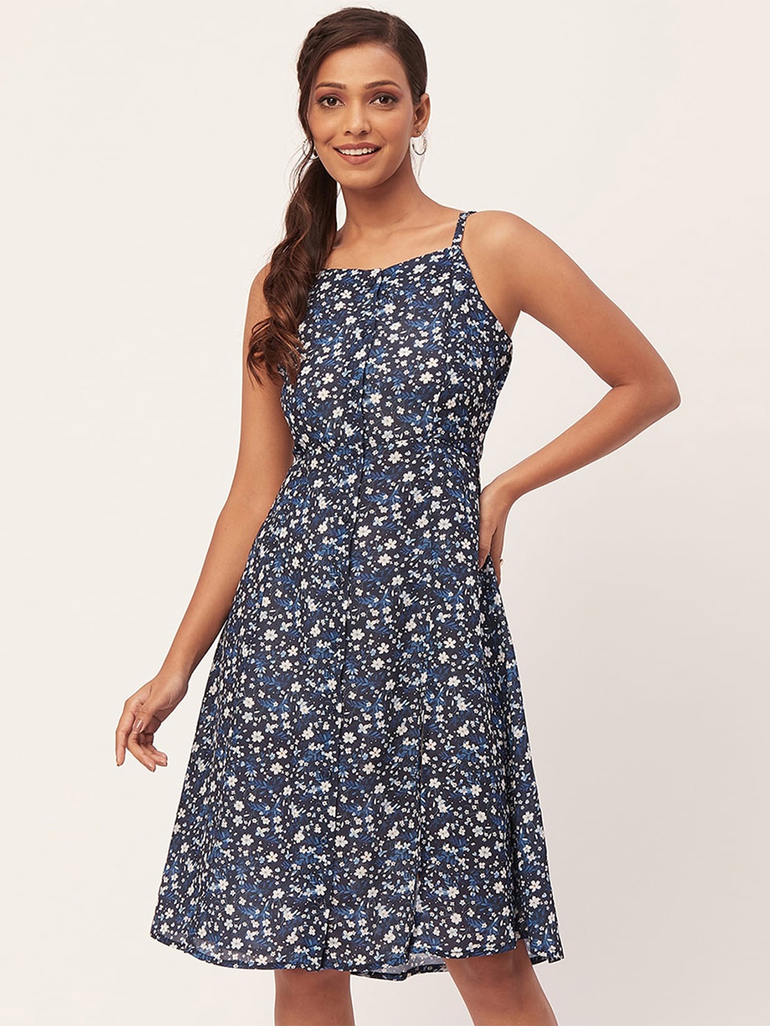 

Moomaya Floral Printed Shoulder Straps Fit & Flare Dress, Blue