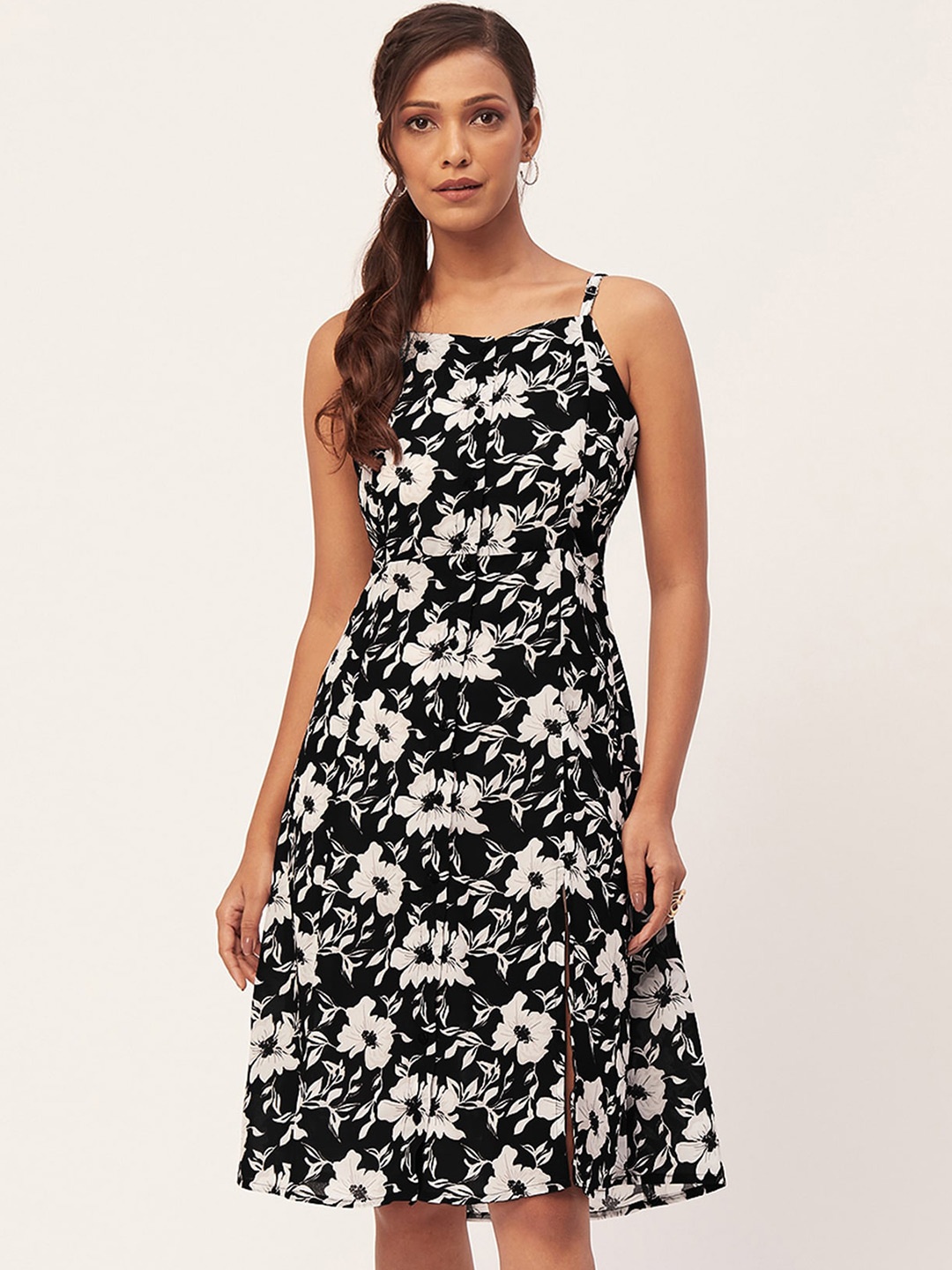 

Moomaya Floral Printed Shoulder Strap A-line Dress, Black