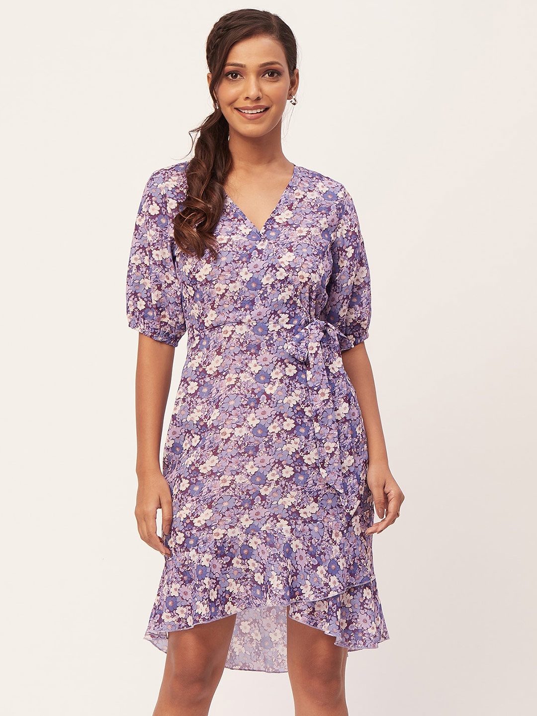 

Moomaya Floral Printed Puff Sleeve Georgette Wrap Dress, Purple