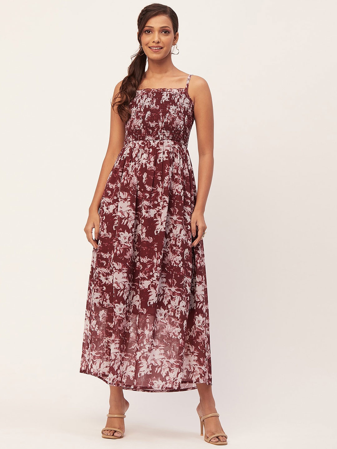 

Moomaya Floral Printed Smocked Georgette Maxi Dress, Maroon