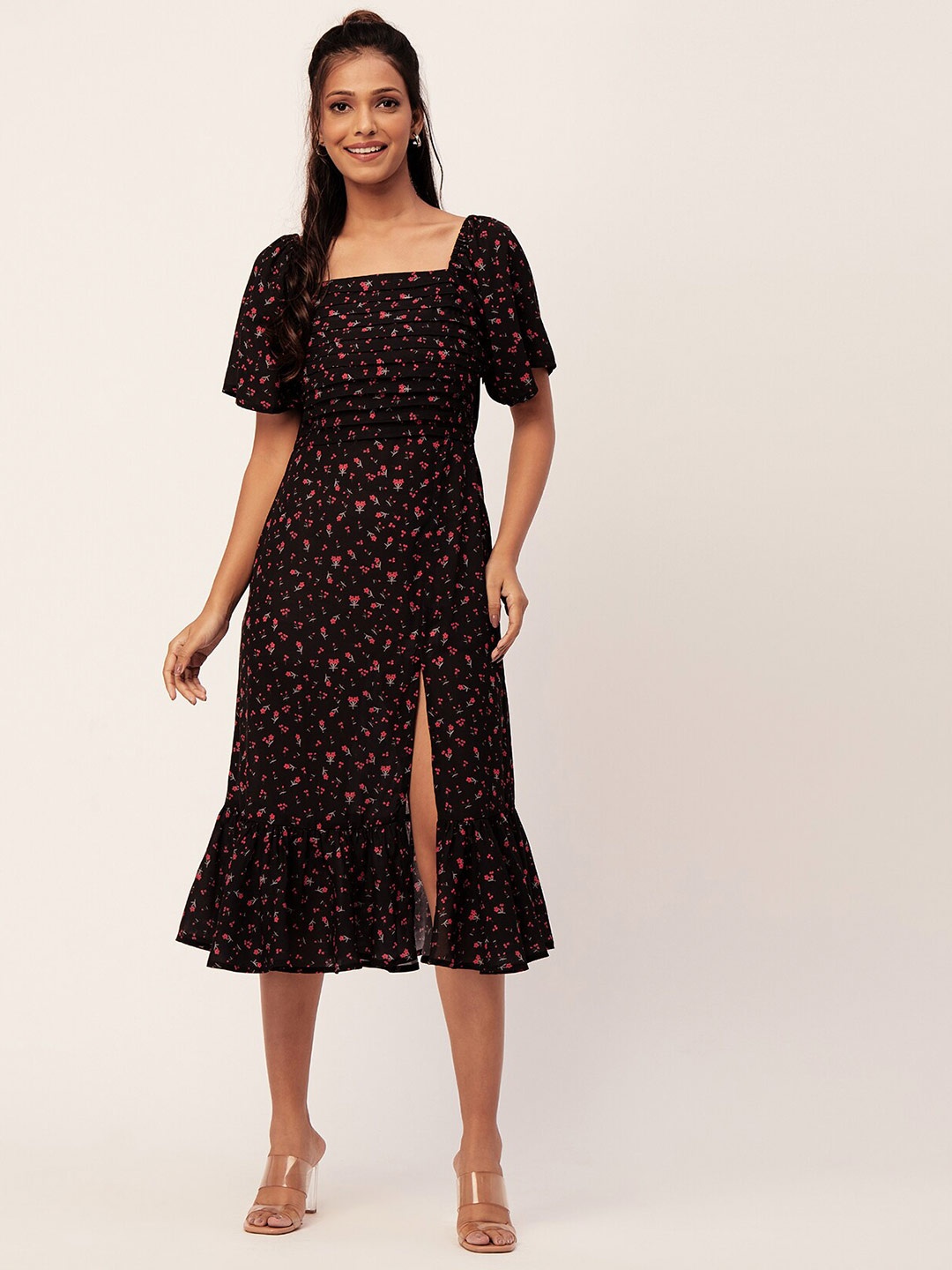 

Moomaya Floral Printed Flared Sleeve Fit & Flare Midi Dress, Black