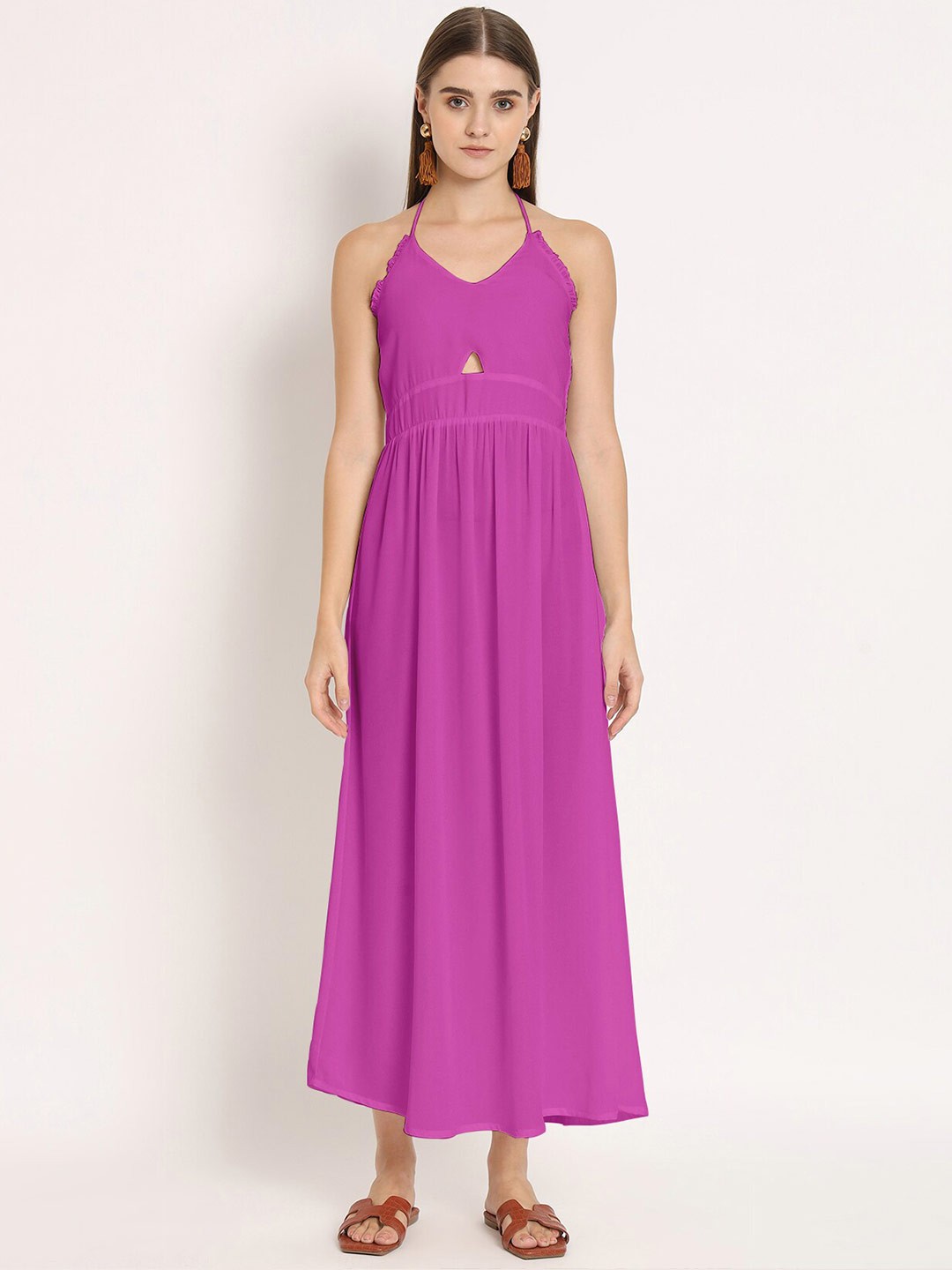 

Moomaya Halter Neck Cut-Out Detail Maxi Georgette Dress, Pink