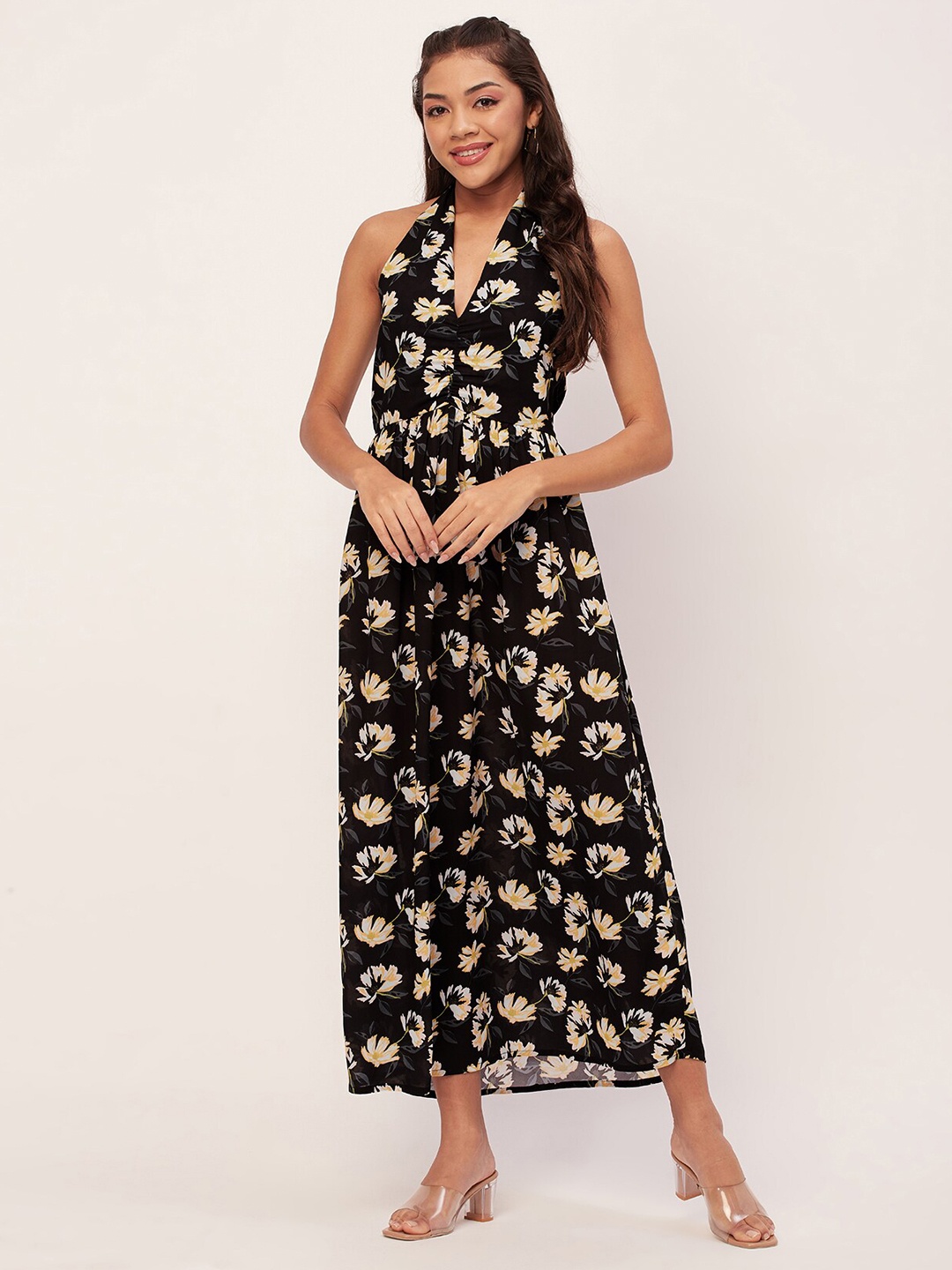 

Moomaya Floral Print Fit & Flare Midi Dress, Black