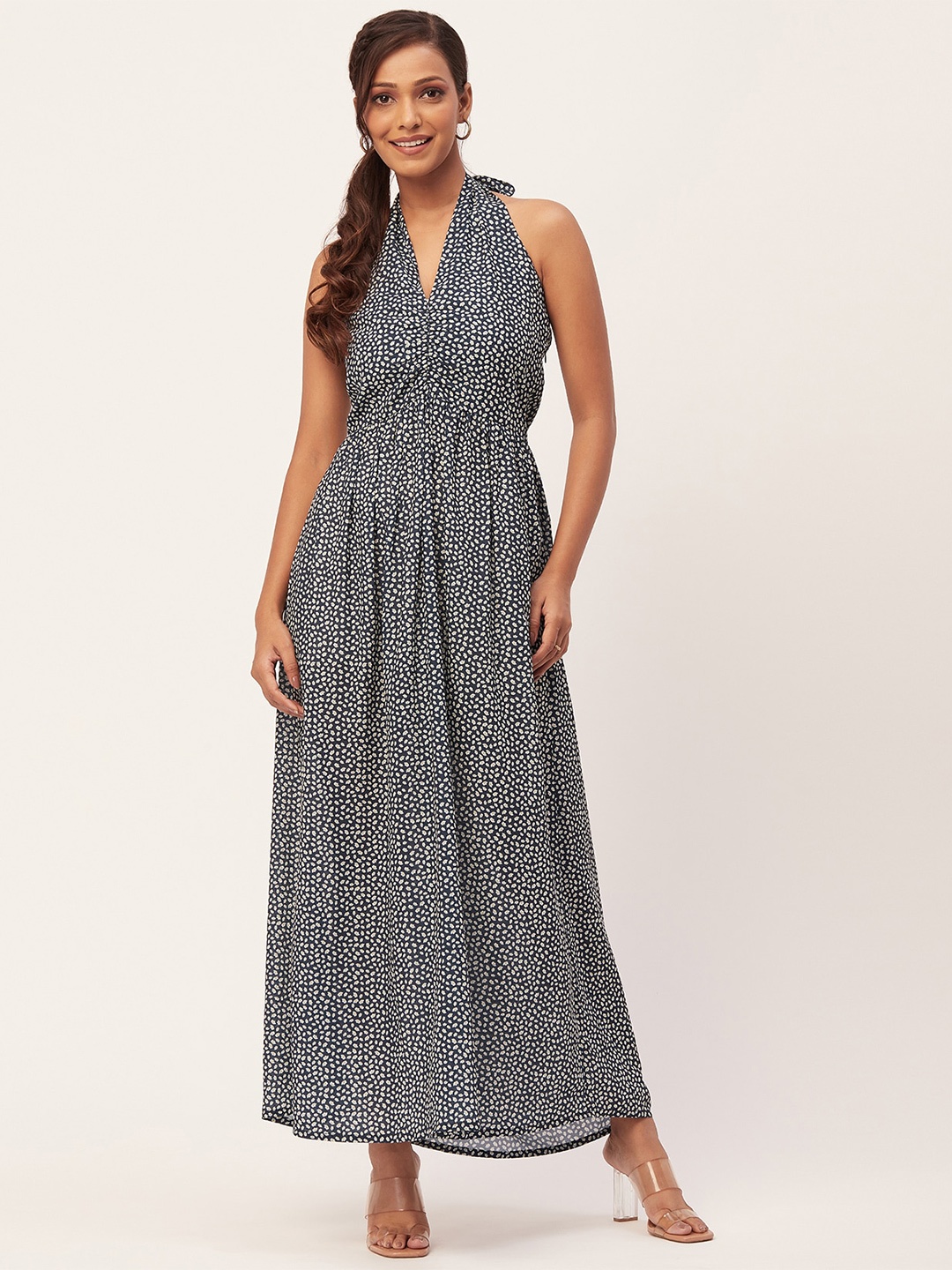 

Moomaya Floral Printed Halter Neck A-line Maxi Dress, Navy blue