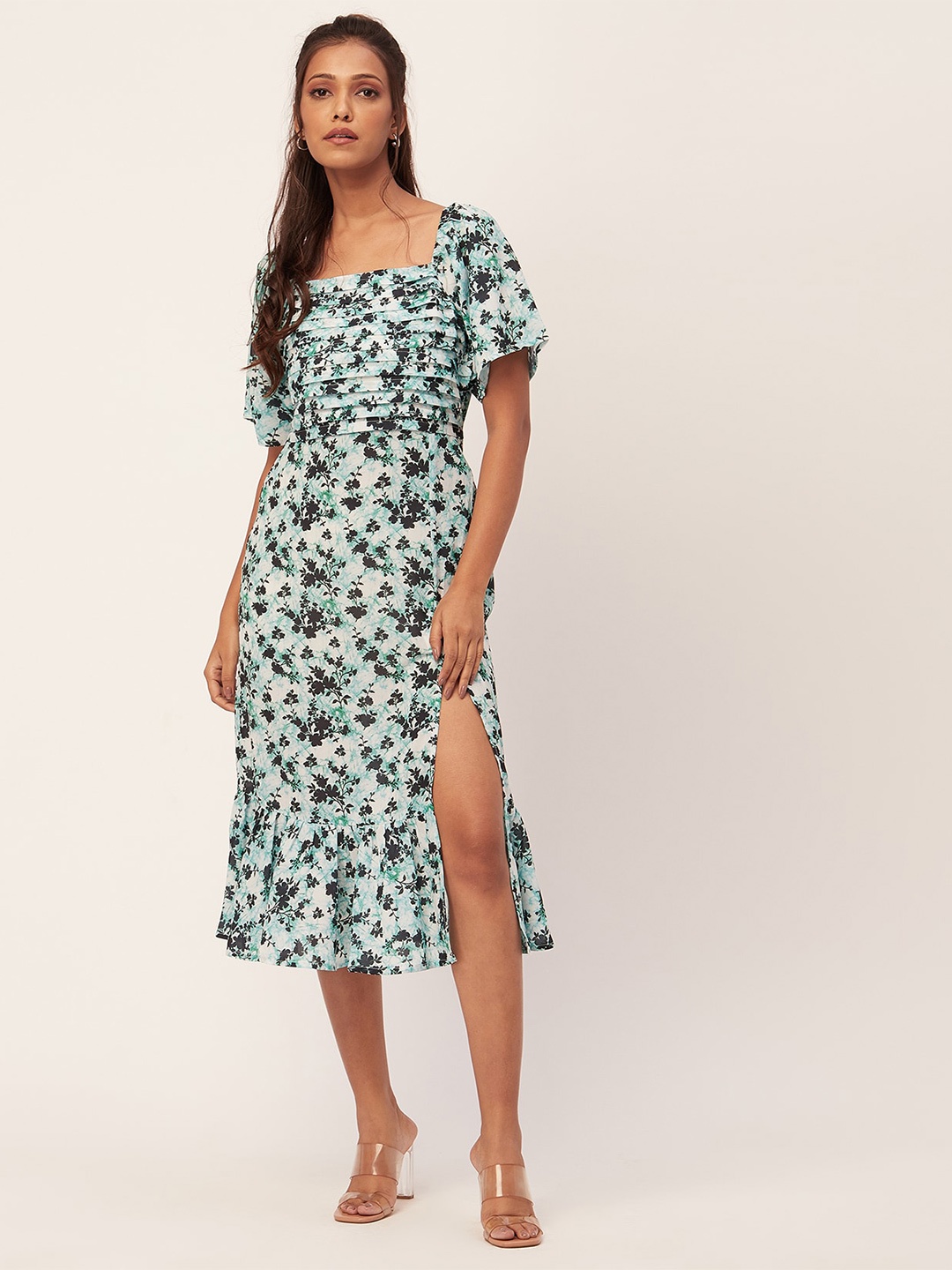 

Moomaya Floral Printed Puff Sleeves Pleated A-Line Midi Dress, Green