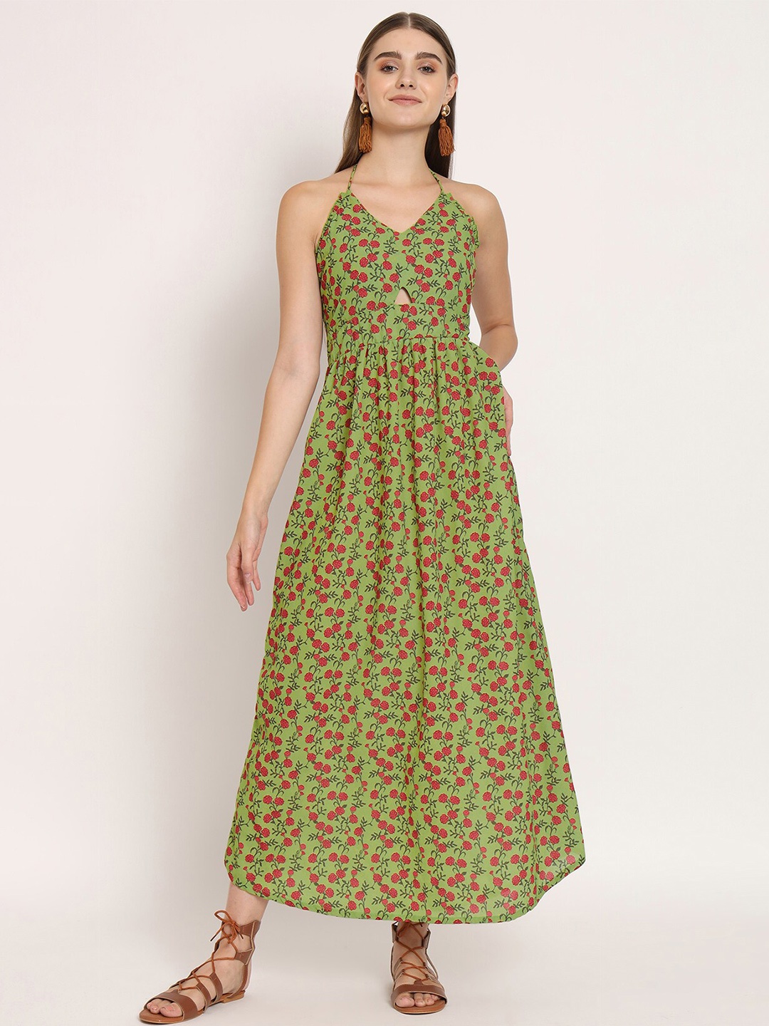 

Moomaya Floral Printed Halter Neck Maxi Georgette Dress, Green