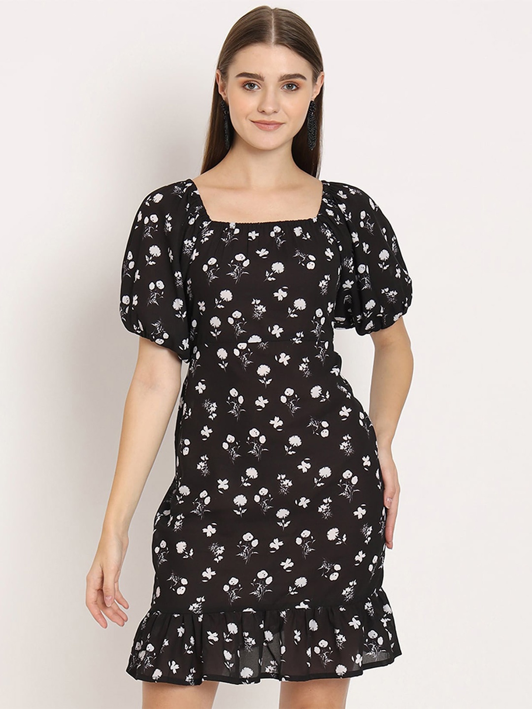 

Moomaya Floral Print Puff Sleeve Sheath Dress, Black