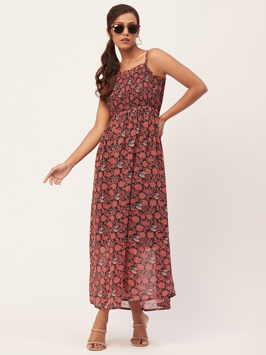 Moomaya Floral Printed Smocked Georgette Maxi A-Line Dress, Black