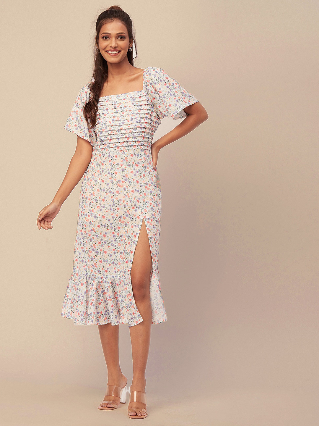 

Moomaya Floral Printed Flared Sleeve A-Line Midi Dress, White