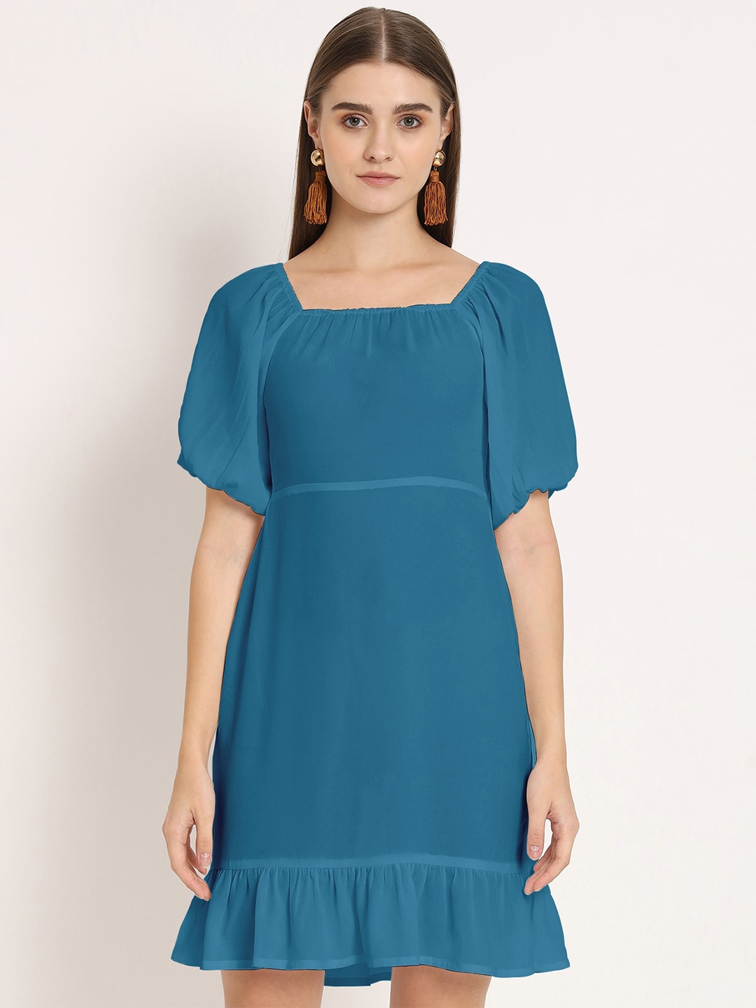 

Moomaya Square Neck Flared Sleeve Georgette Fit & Flare Dress, Teal
