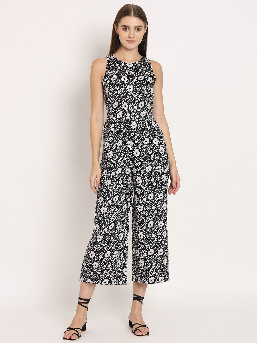 

Moomaya Floral Printed Cotton Basic Jumpsuit, Black