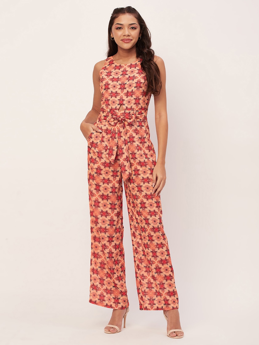 

Moomaya Printed Sleeveless Basic Jumpsuit, Peach