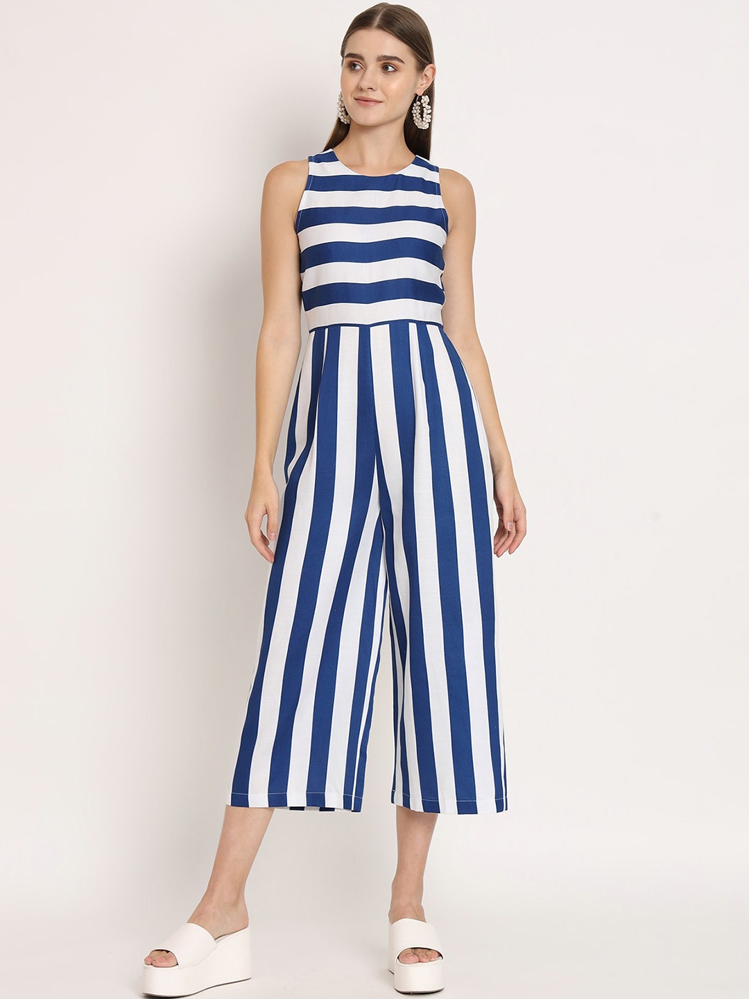 

Moomaya Striped Cotton Basic Jumpsuit, Navy blue