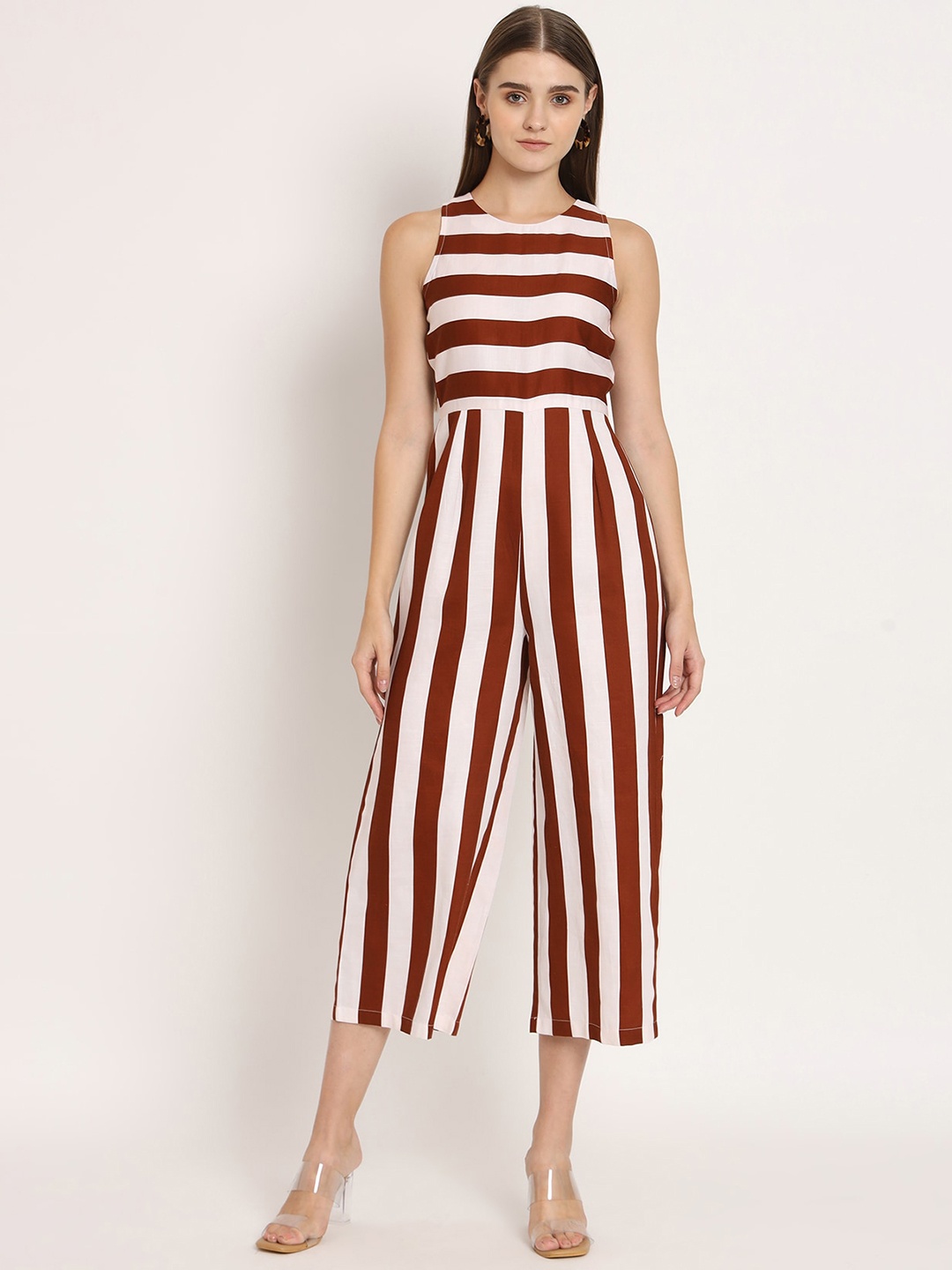 

Moomaya Striped Cotton Basic Jumpsuit, Brown