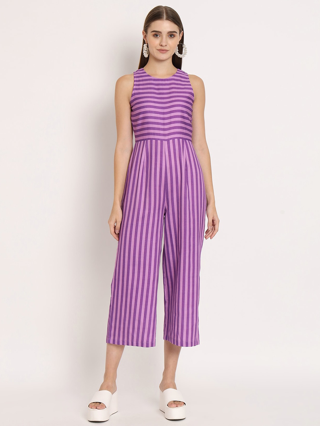 

Moomaya Striped Cotton Basic Jumpsuit, Purple