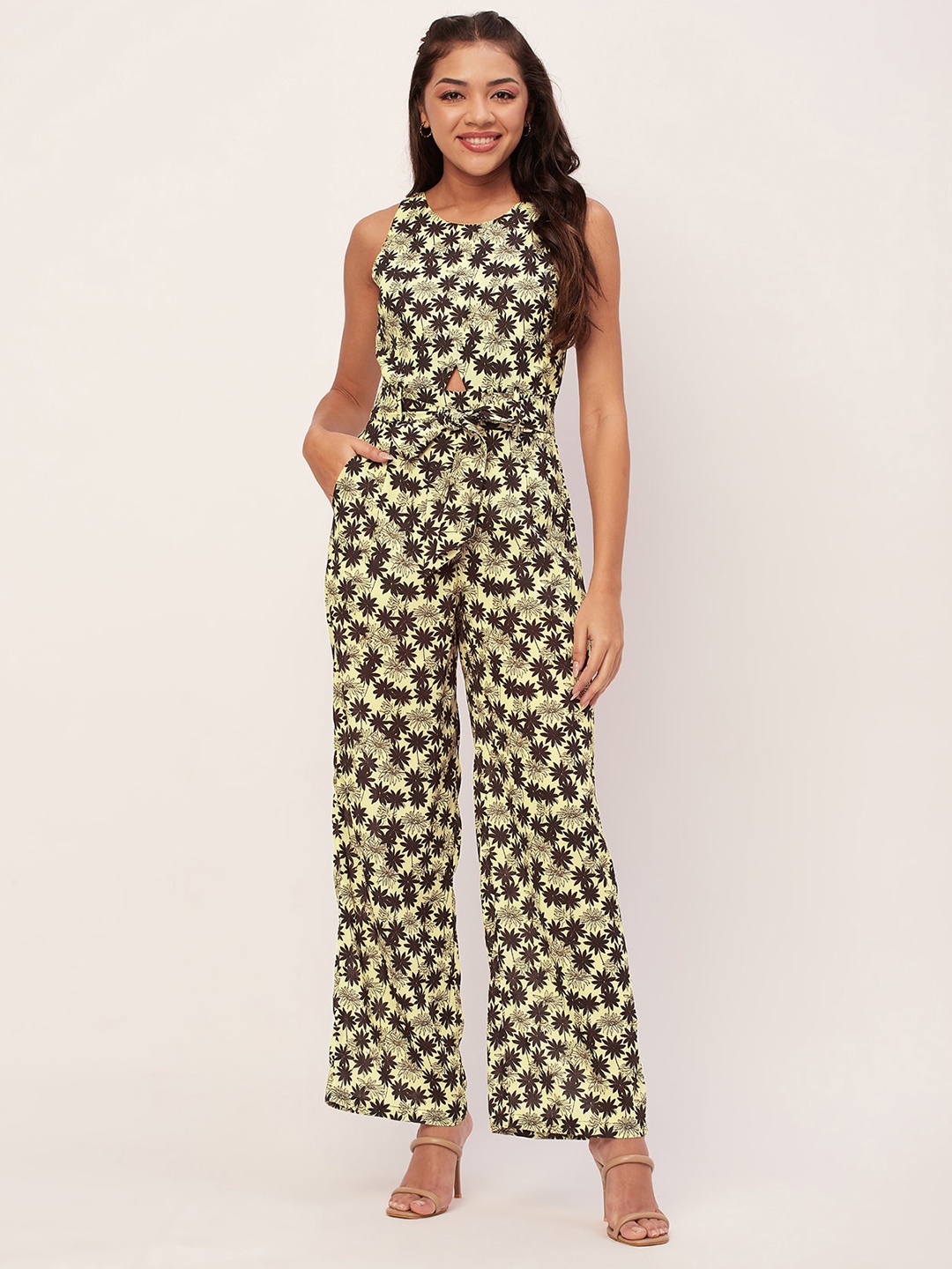 

Moomaya Foral Printed Basic Jumpsuit, Beige
