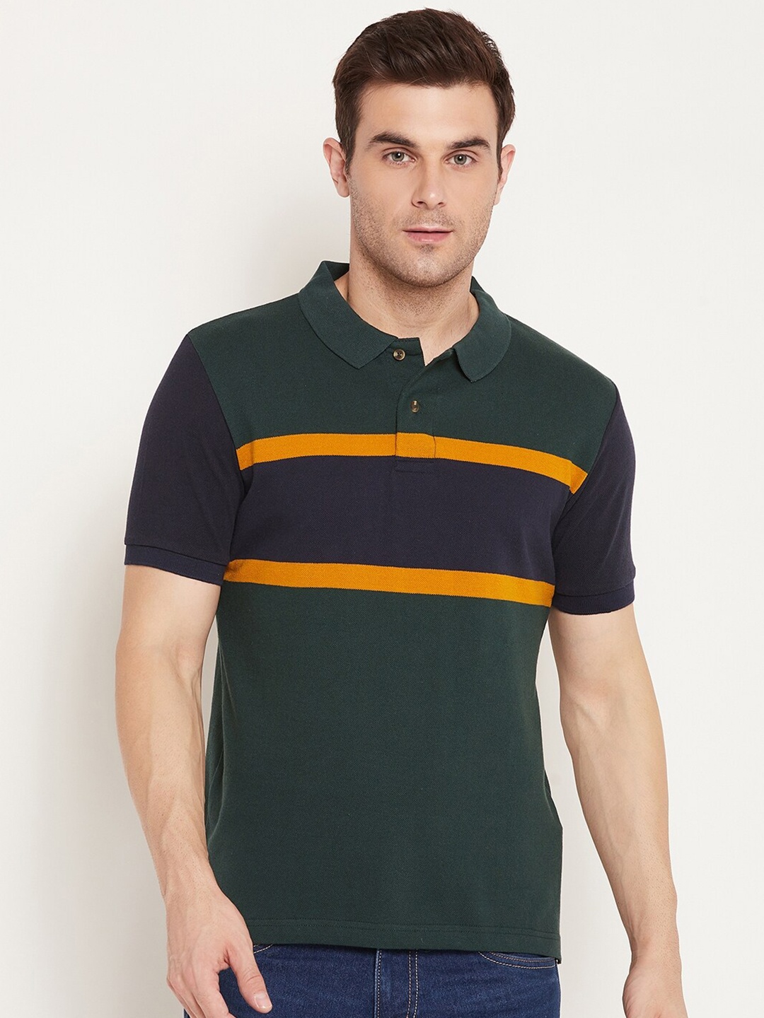 

Austin wood Striped Polo Collar Slim Fit Cotton T-shirt, Green