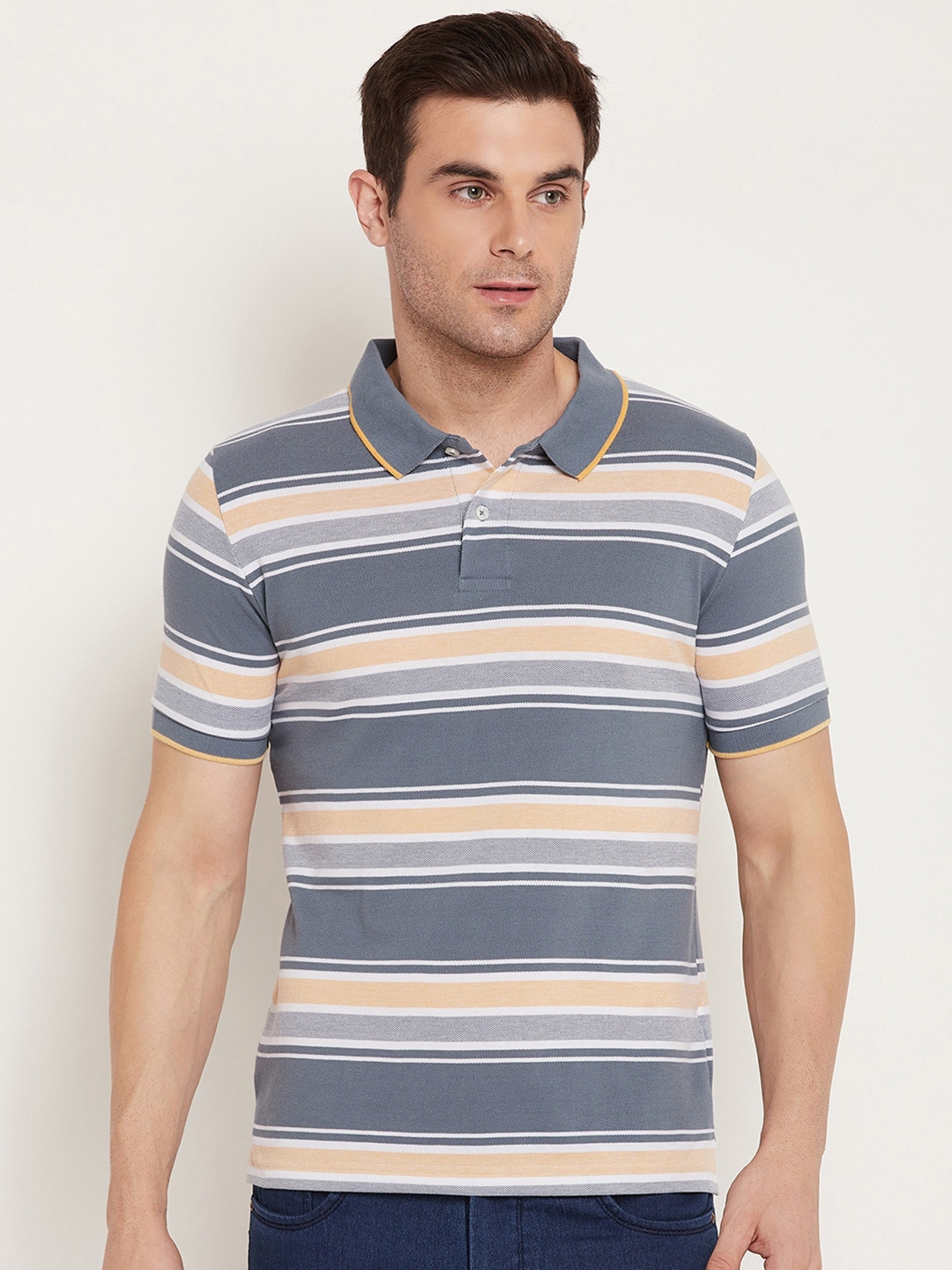 

Austin wood Striped Polo Collar Slim Fit Cotton T-shirt, Grey