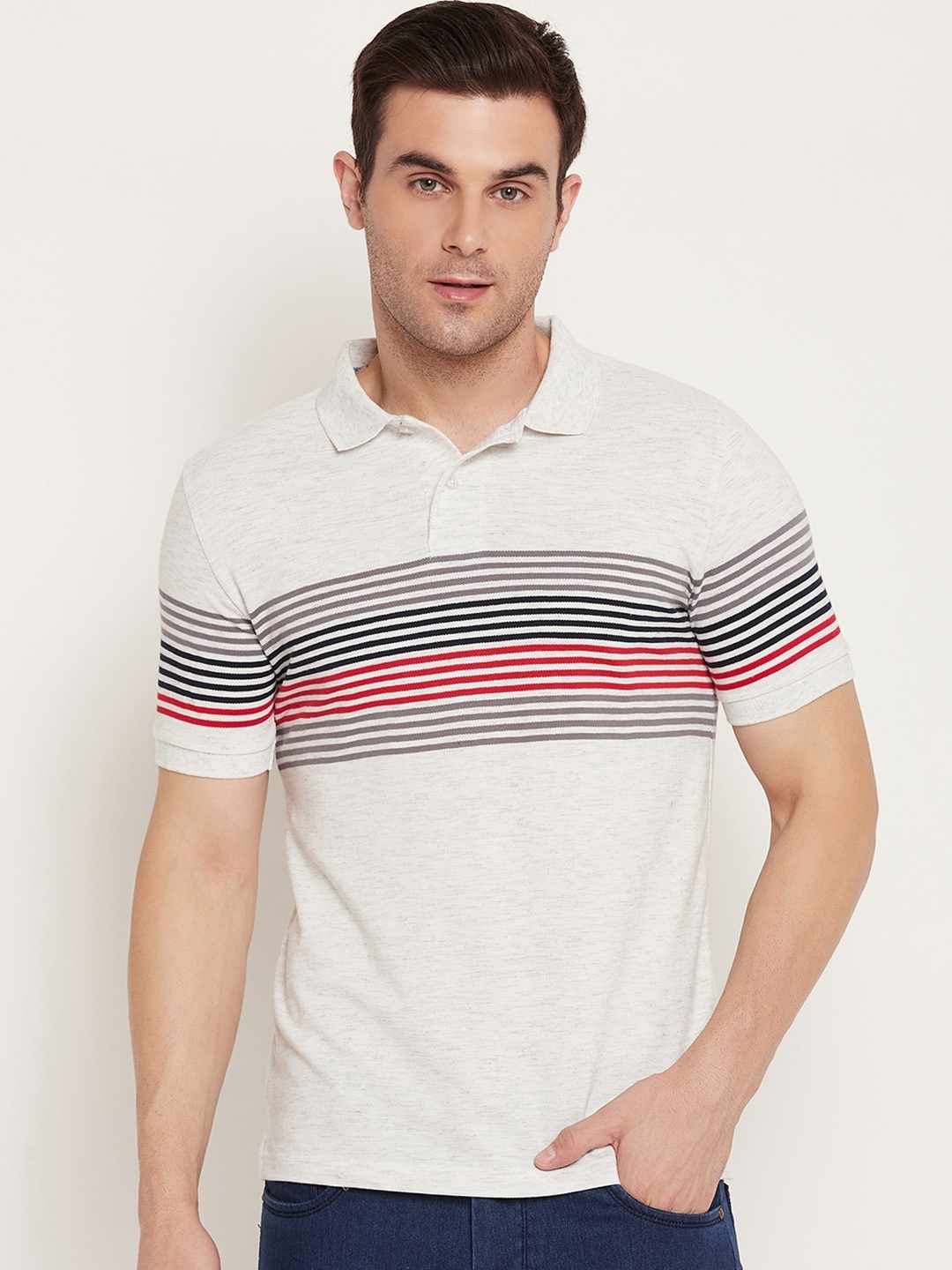 

Austin wood Striped Polo Collar Slim Fit Cotton T-shirt, White
