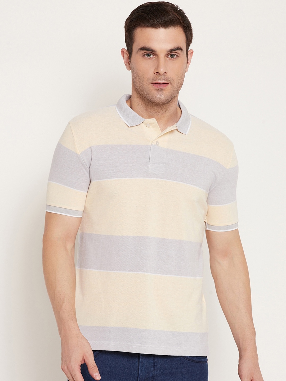 

Austin wood Striped Polo Collar Slim Fit Cotton T-shirt, Yellow