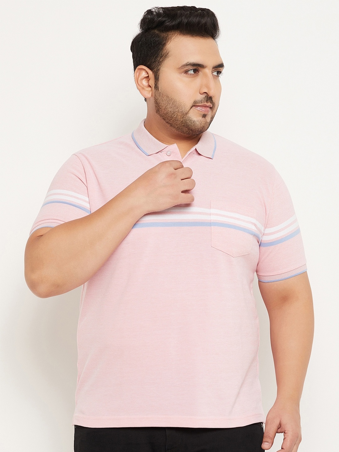 

AUSTIVO Plus Size Striped Polo Collar Cotton T-shirt, Pink