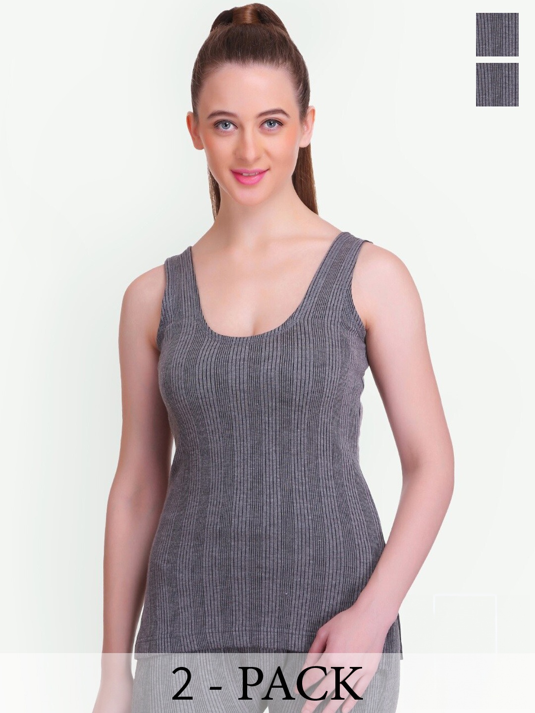 

T.T. Elite Pack of 2 Striped Round Neck Thermal Slips, Charcoal
