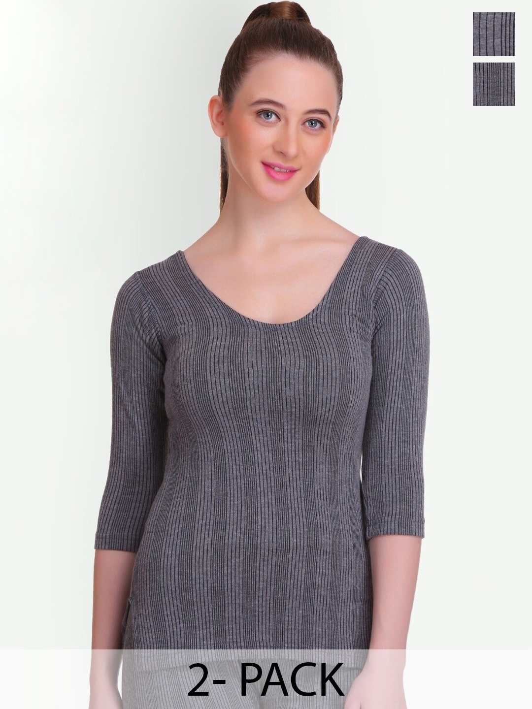 

T.T. Elite Pack Of 2 Striped Sleeveless Thermal Tops With Slips, Charcoal