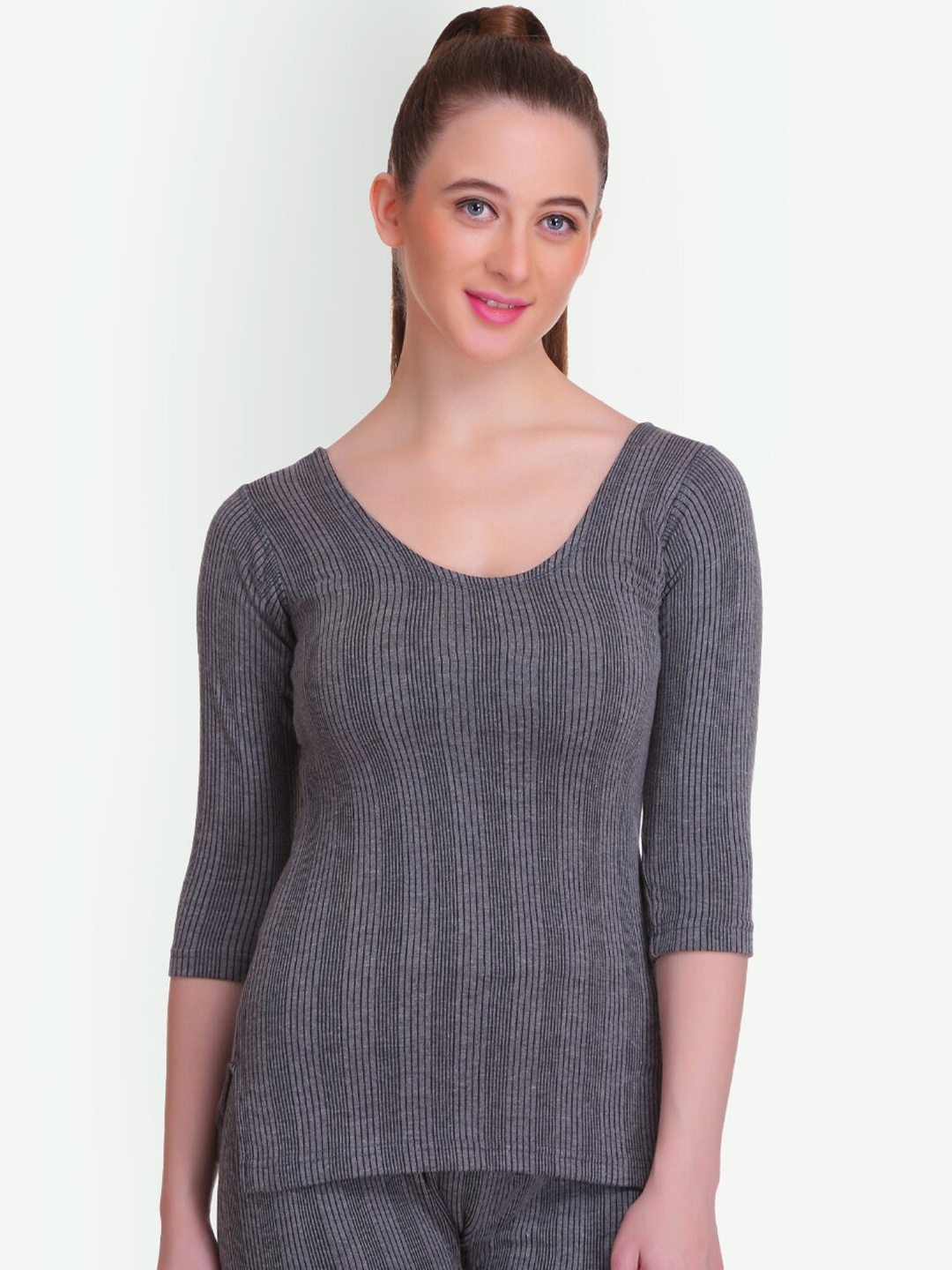 

T.T. Elite Striped Sleeveless Thermal Top With Slip, Charcoal