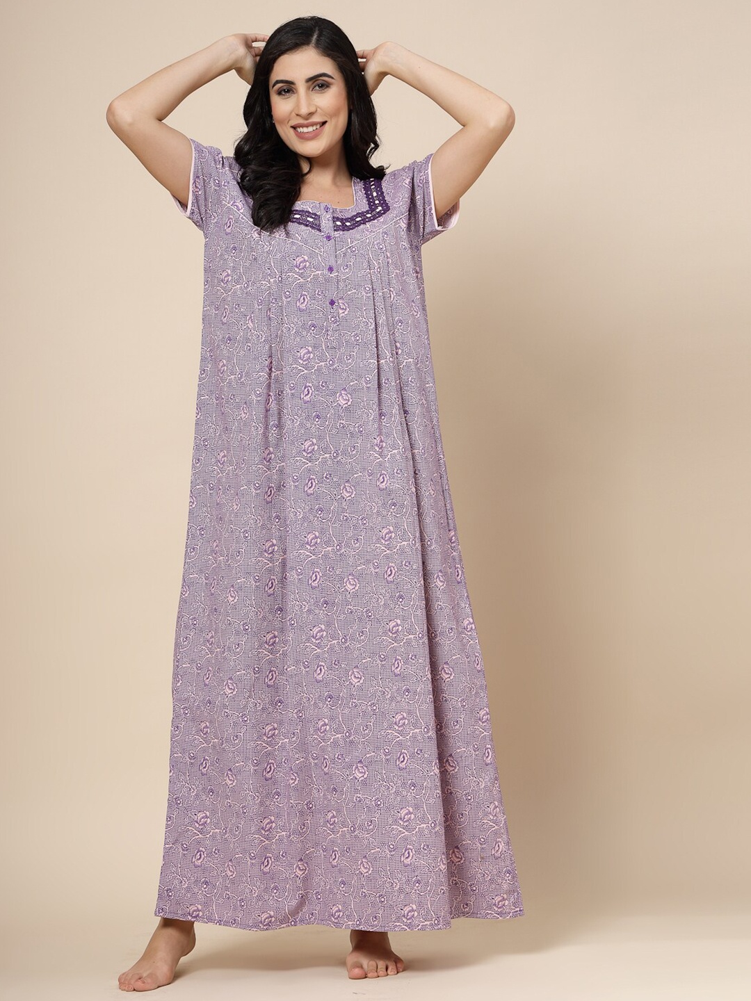 

Sweet Dreams Purple Ethnic Motifs Printed Maxi Nightdress