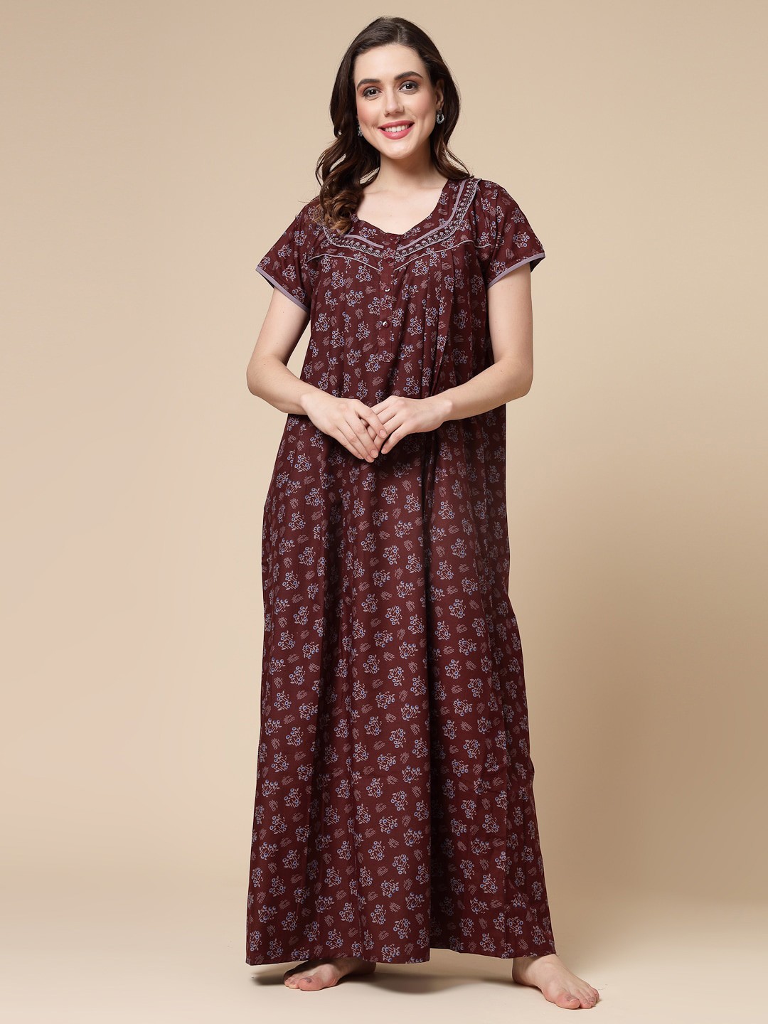 

Sweet Dreams Maroon Printed Maxi Nightdress
