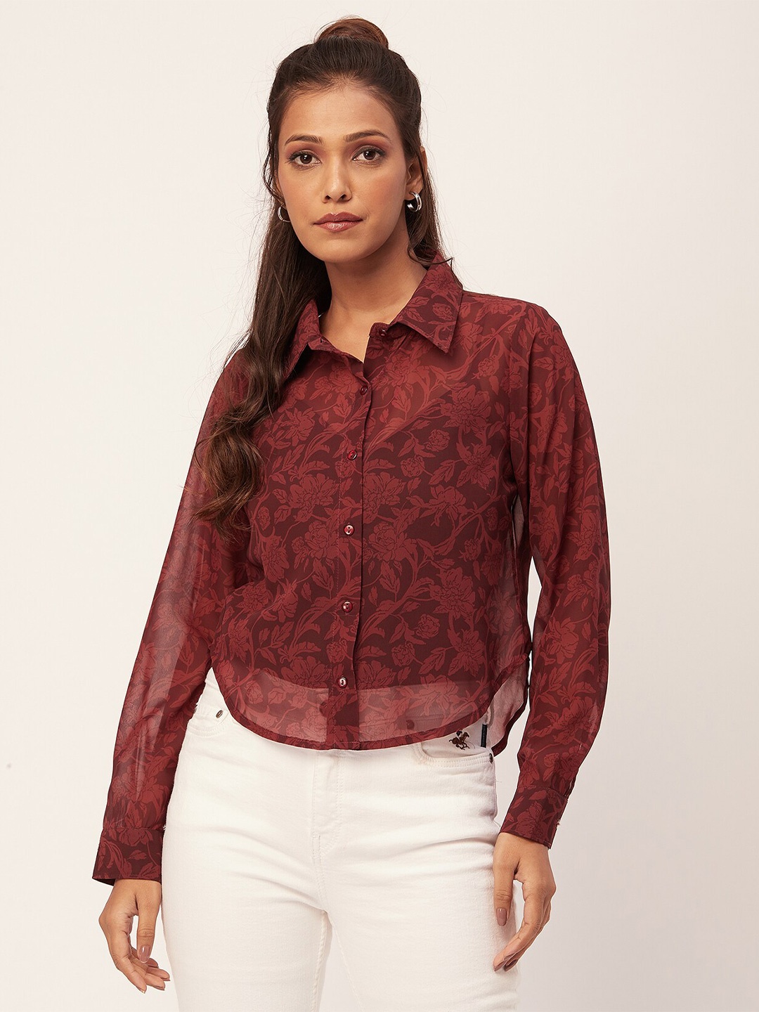 

Moomaya Spread Collar Floral Sheer Printed Casual Shirt, Maroon