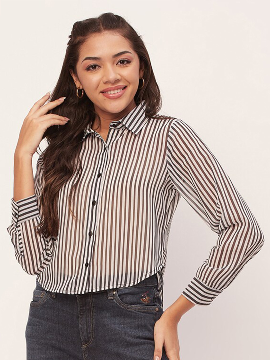 

Moomaya Vertical Striped Sheer Casual Shirt, Black