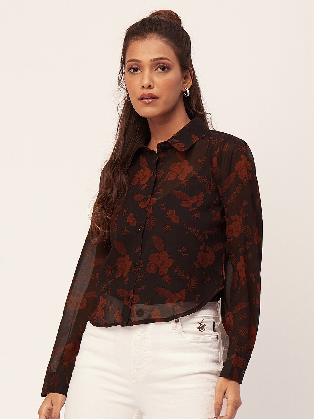 

Moomaya Spread Collar Floral Printed Casual Shirt, Black