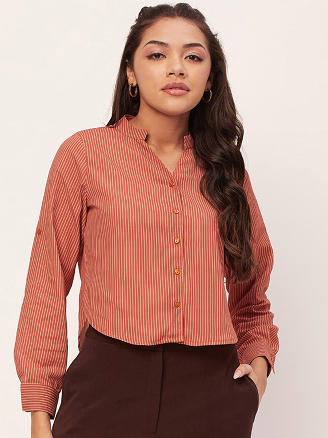 

Moomaya Mandarin Collar Vertical Striped Casual Shirt, Rust