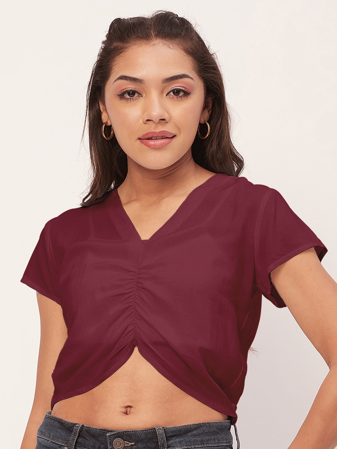 

Moomaya V-Neck Gathered Regular Crop Top, Magenta