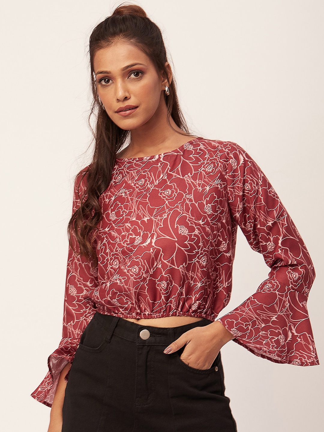 

Moomaya Floral Printed Round Neck Bell Sleeve Crop Top, Brown