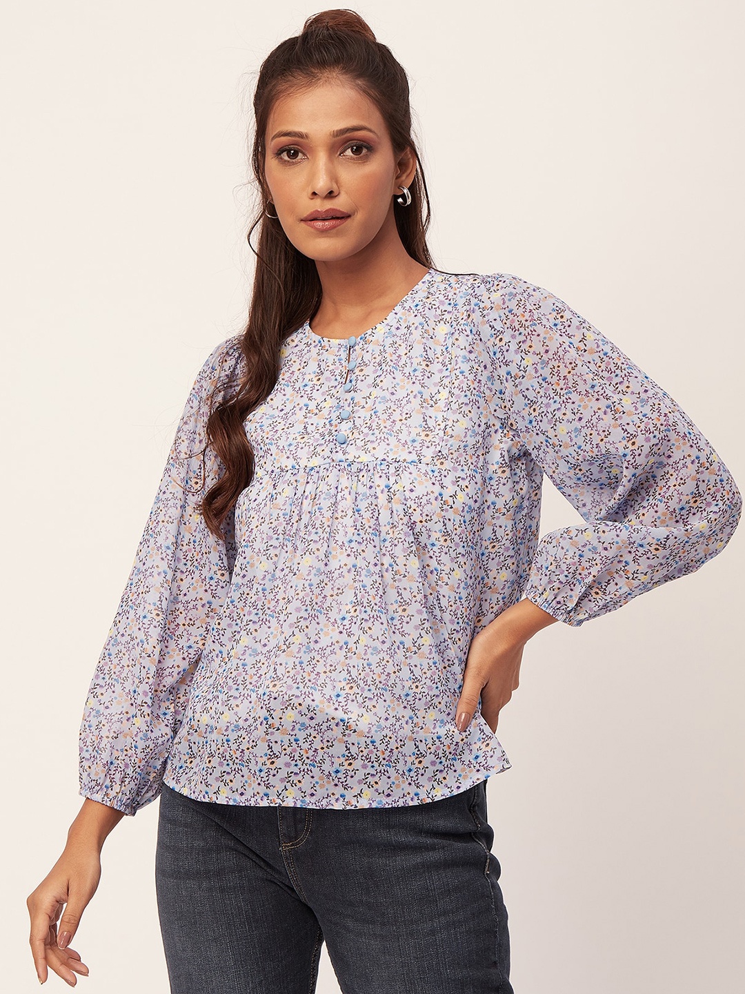 

Moomaya Floral Printed Round Neck Puff Sleeve Gathered Regular Top, Violet