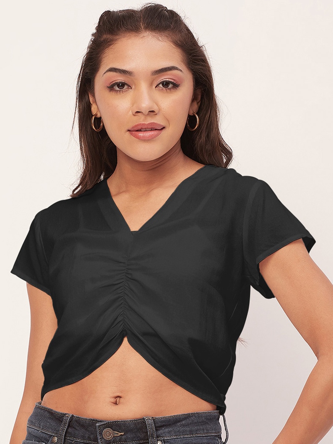 

Moomaya V-Neck Gathered Crop Regular Top, Black