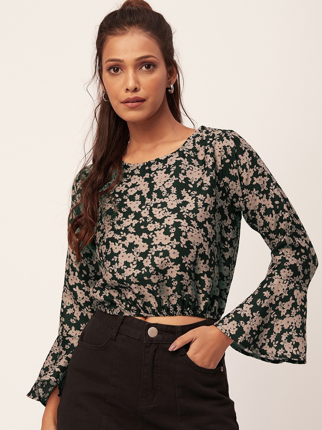 

Moomaya Floral Printed Bell Sleeve Satin Crop Blouson Top, Black
