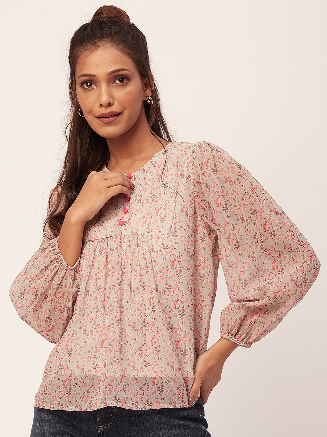 

Moomaya Floral Printed Puff Sleeves Gathered Chiffon Casual Top, White