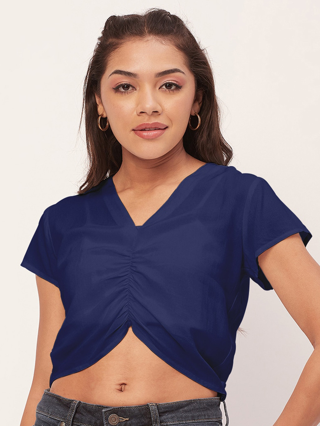 

Moomaya V-Neck Gathered Casual Crop Top, Blue