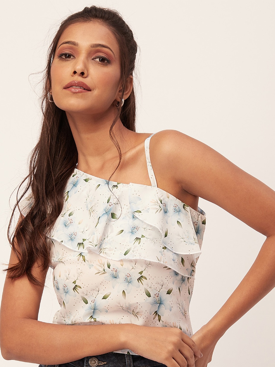 

Moomaya Floral Printed One Shoulder Ruffled Crop Top, White