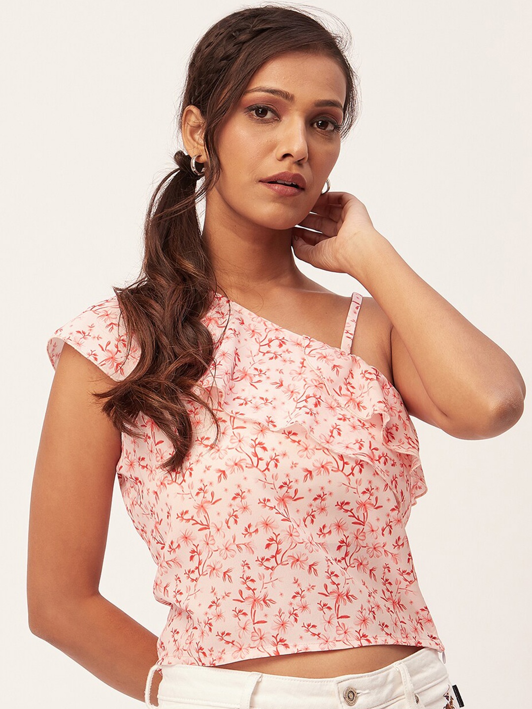 

Moomaya Floral Printed One Shoulder Ruffled Crop Top, Peach