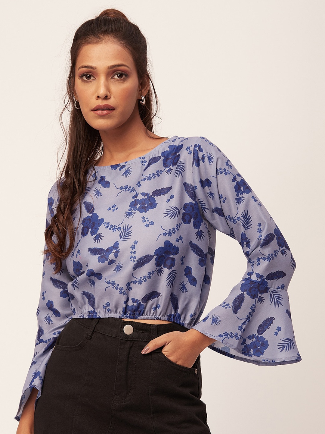 

Moomaya Floral Printed Bell Sleeve Crop Top, Blue