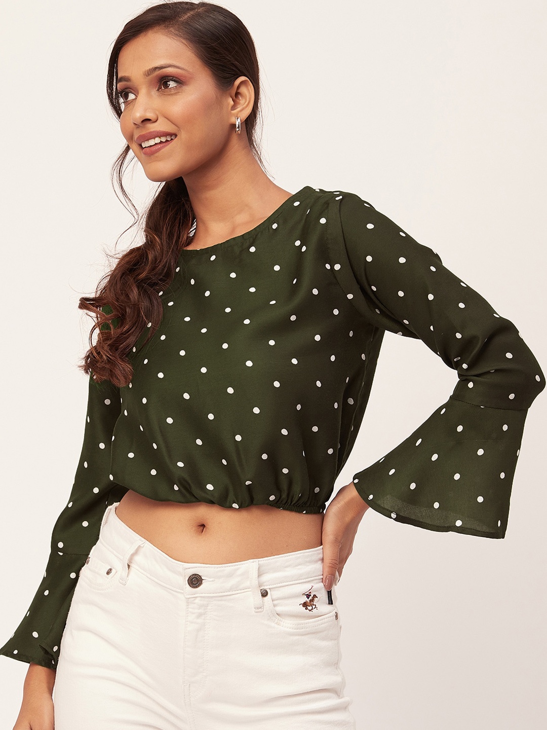 

Moomaya Polka Dot Printed Bell Sleeve Crop Top, Olive